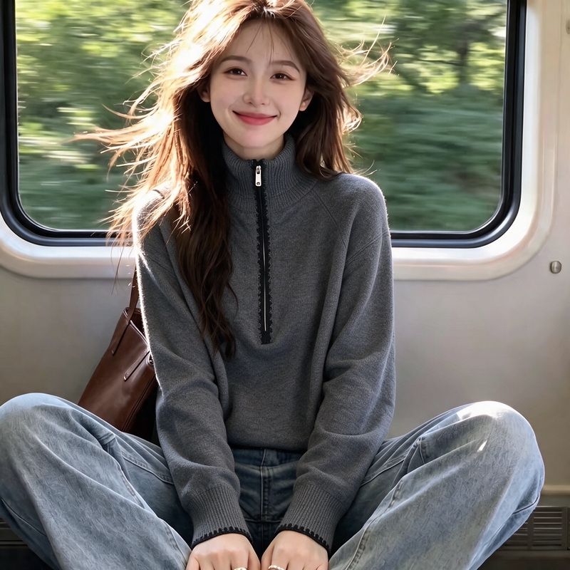 Recommended for Personal Collection~ Lazy Style High-Neck Half-Zip Pullover Thick Long-Sleeve Wool Knit Sweater for Women in Autumn and Winter