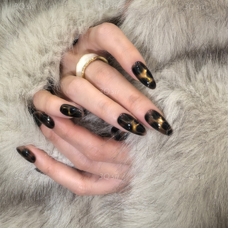3Qsir【Bubble Leopard】Gradient Black and Gold Bubble Faux Leopard Print Handmade Wearable Nails