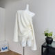 Lin Xi Xi Wavy Texture Autumn White Suit with Off-Shoulder Long-Sleeve Sweater Top and Tie-Up Straight Shorts