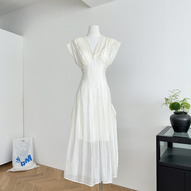 Lin Xi Xi Pure White Divine Dress 60-Count Lyocell Tencel Heavy Lace Patchwork Waist-Cinching Dress