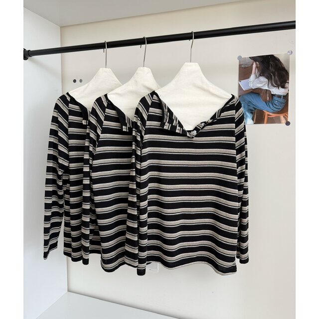 Lin Xiasha Paper-Thin Striped Lazy Style Striped Long-Sleeve T-Shirt