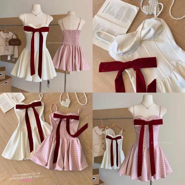 Lin Xiaxia's New French-Style Pure Desire Bow-Tie Waist-Cinching Slimming Polka Dot Women's Dress