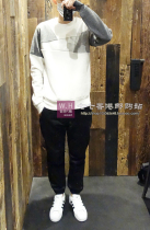 Hong Kong pop shop IZZUE autumn and winter mens personality geometric stitching round neck long sleeve pullover sweater 3178