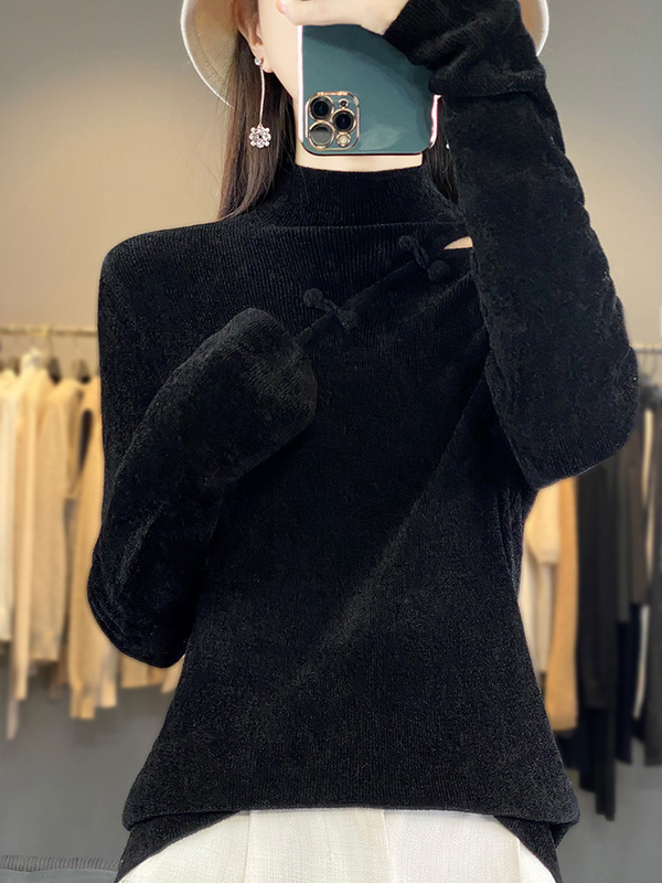 2025 Autumn/Winter Half-Turtleneck Hollow Black Base Shirt Women's Stylish Velvet Sweater Slim Knit Top