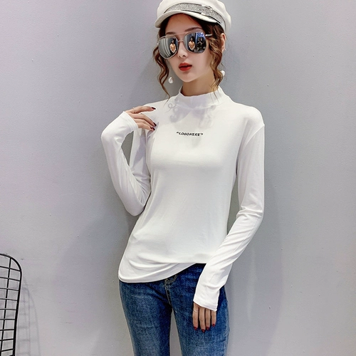 Демисезонный цветной приятный телу лонгслив, высокий воротник, облегающий крой, с вышивкой, в западном стиле