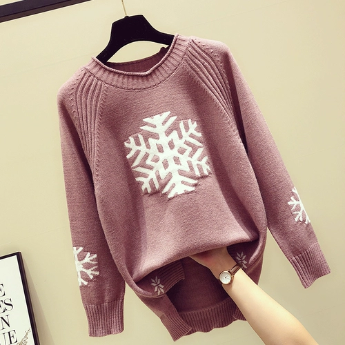 Трикотажный осенний свитер, круглый воротник, со снежинками, 2018, ассиметричный крой, свободный крой