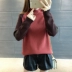 Phiên bản Hàn Quốc của áo len cổ cao bán rộng mùa thu đông mới phối màu của phụ nữ kết hợp áo sơ mi kẻ sọc dài tay áo len nữ - Áo len Áo len