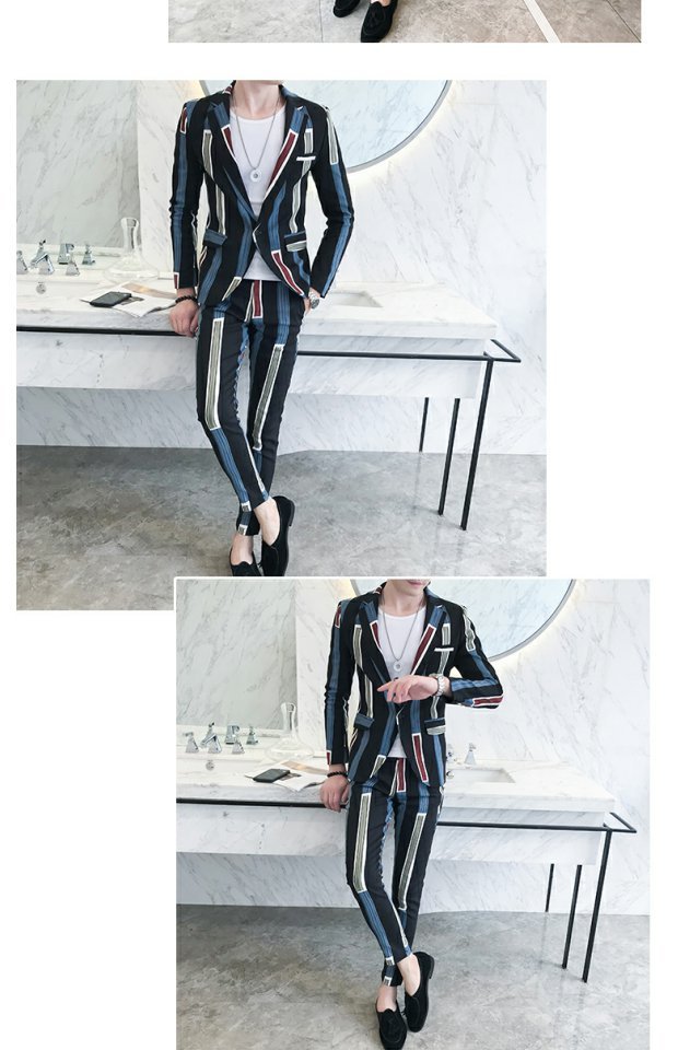 Mùa thu giản dị sọc phù hợp với nam Slim Thanh niên Hàn Quốc Xu hướng tóc của nhà tạo mẫu nhỏ phù hợp với hai mảnh bộ vest nam