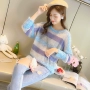 Áo len nữ mùa thu 2018 mới của Hàn Quốc diện rộng áo len cổ tròn sọc kẻ sọc màu áo lưới áo len nữ đẹp 2021