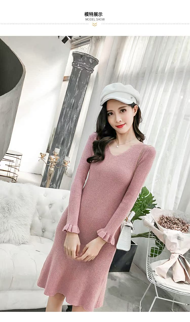 2018 mùa thu và mùa đông mới của Hàn Quốc phiên bản của V-Cổ áo thun áo len Mỏng mỏng dài tay cao eo khí váy nữ A-line váy váy chữ a