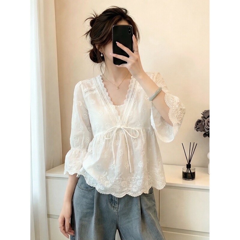 White Bow Lace V-Neck Blouse for Women, Summer French Fairy Style, Very Pretty, Three-Quarter Sleeves, Sun Protection Top White Bow Lace V-Neck Blouse for Women, Summer French Fairy Style, Very Pretty, Three-Quarter Sleeves, Sun Protection Top