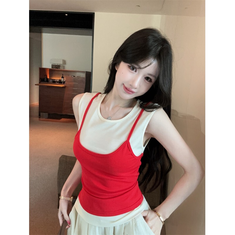 Fake Two-Piece Camisole for Women, Summer American Style, Sleeveless Tube Top, Thai Aesthetic Dopamine