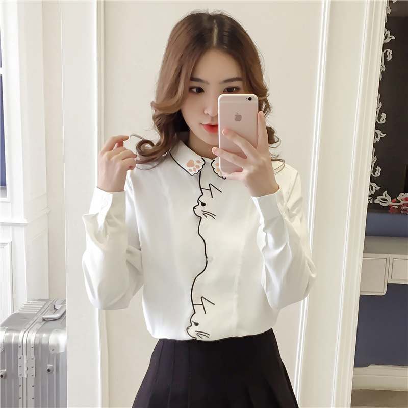 Shirt for Women with Unique Design, 2026 New Korean Style, Cute Japanese Style, White Doll Collar Long-Sleeve Top