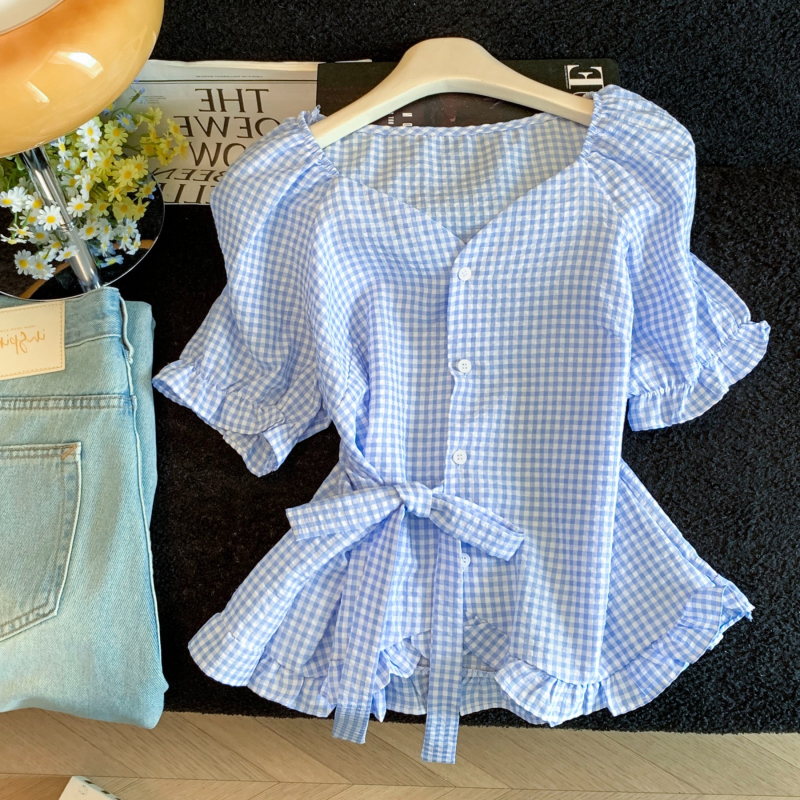 Gentle Blue Plaid Shirt for Women, New Summer Style, Puff Sleeves, V-Neck, Lace-Up Waist, Slimming Shirt