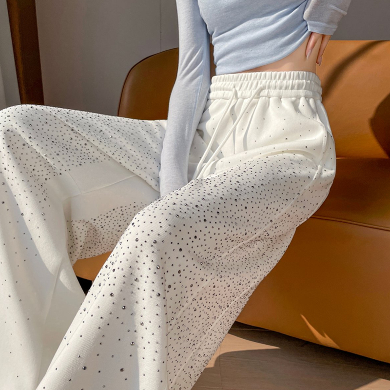 Off-White Rhinestone Starry Sky Sweatpants for Women, Spring and Autumn 2026 New Style, Petite Size, Sparkling Rhinestone Scimitar Wide-Leg Pants, Jogger Pants