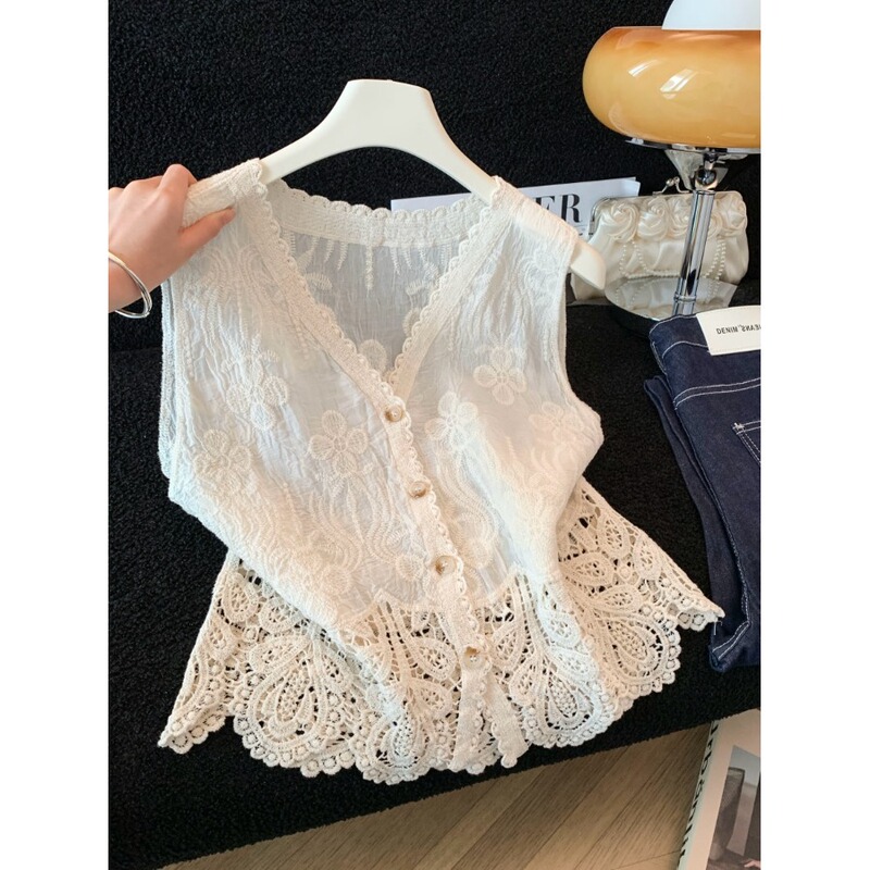 Designed with Embroidery and Hollow Lace Trim, a V-Neck Vest for Women, Perfect for Layering in Summer, Stylish and Trendy Top
