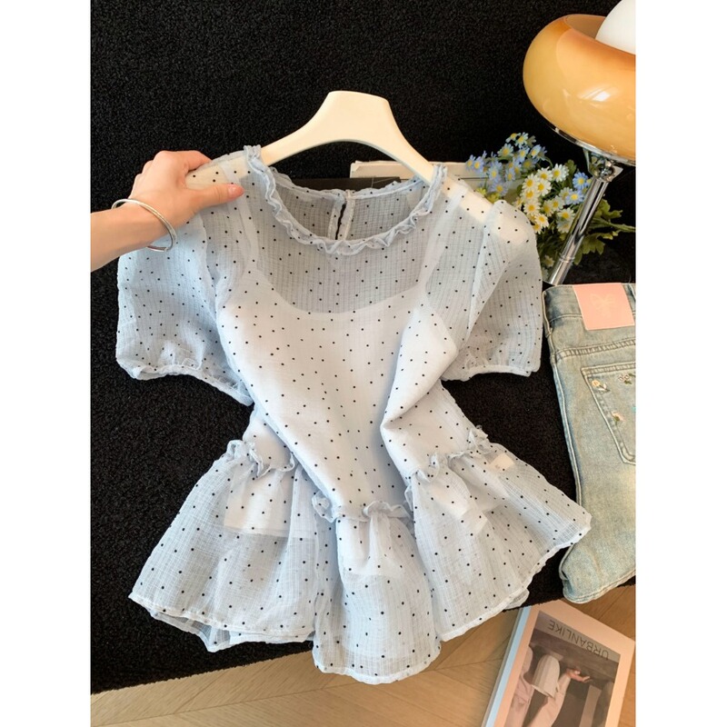 Blue Polka Dot Ruffled Lace Round Neck Shirt for Women, Summer Thin See-Through Sun Protection Babydoll Top with Camisole Two-Piece Set