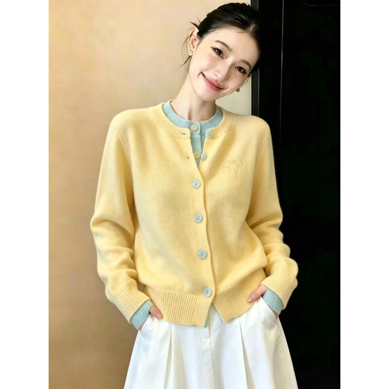 Stylish Color-Blocked Round-Neck Faux Two-Piece Top for Women, Autumn Design, Niche, Loose-Fitting, Slimming Knit T-Shirt
