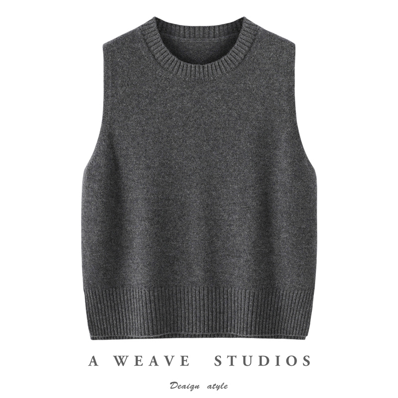 High-End Feel ~ Gray 100% Wool Knitted Vest for Women, Autumn and Winter 26, Round Neck, Loose, Sleeveless, Layered Sweater Vest