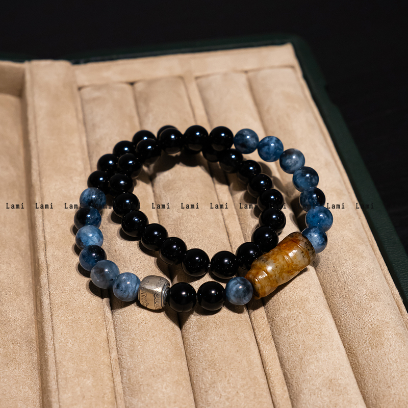 Lami Original Natural Black Sparkling Aquamarine Double-Circle Bracelet for Women, Obsidian Bracelet, Niche Light Luxury Exquisite Gift