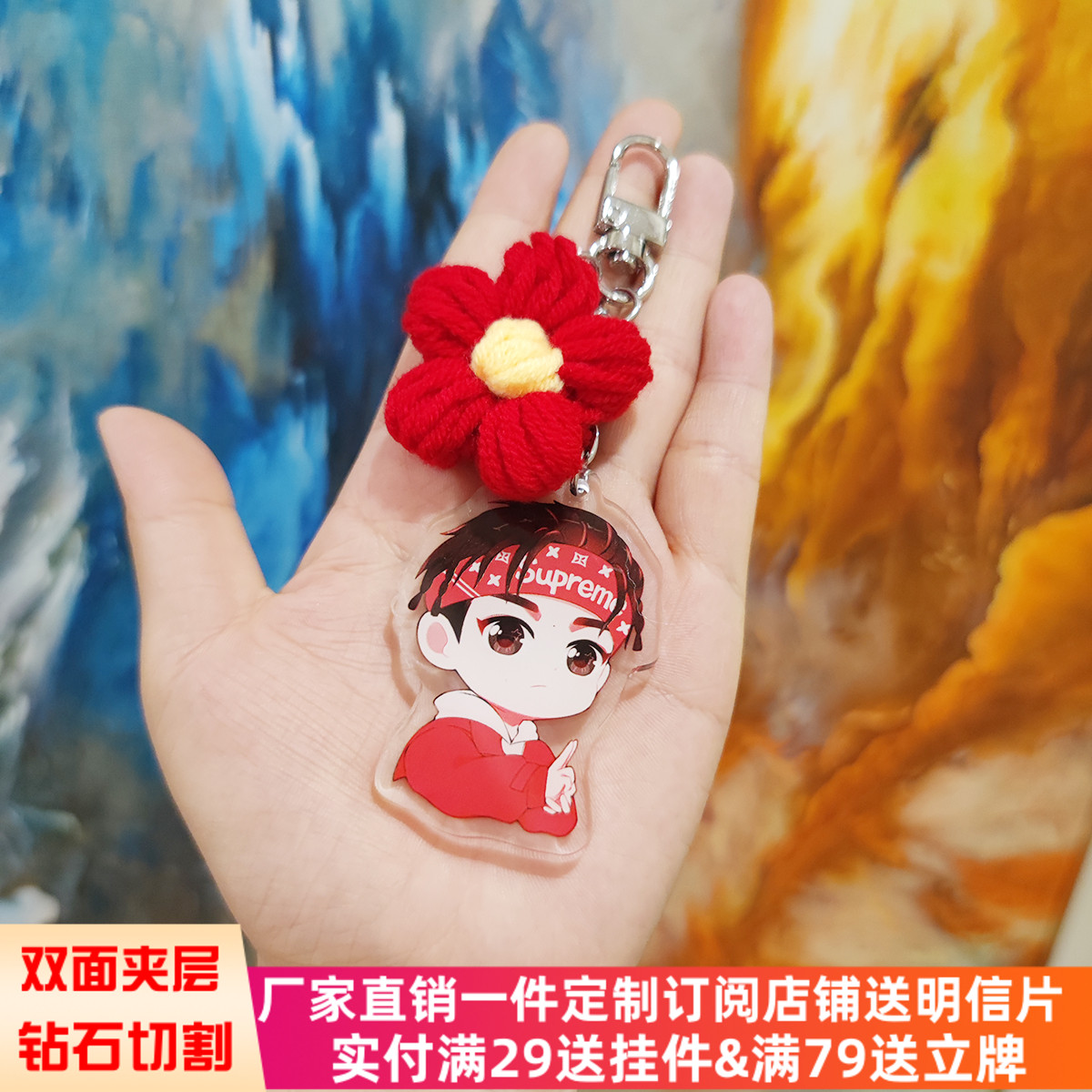 Easy to close one thousand Seal Perimeter Acrylic Key Buckle Small Red Flowers Bag Pendant Cute Bag Pendant Adorable New gift