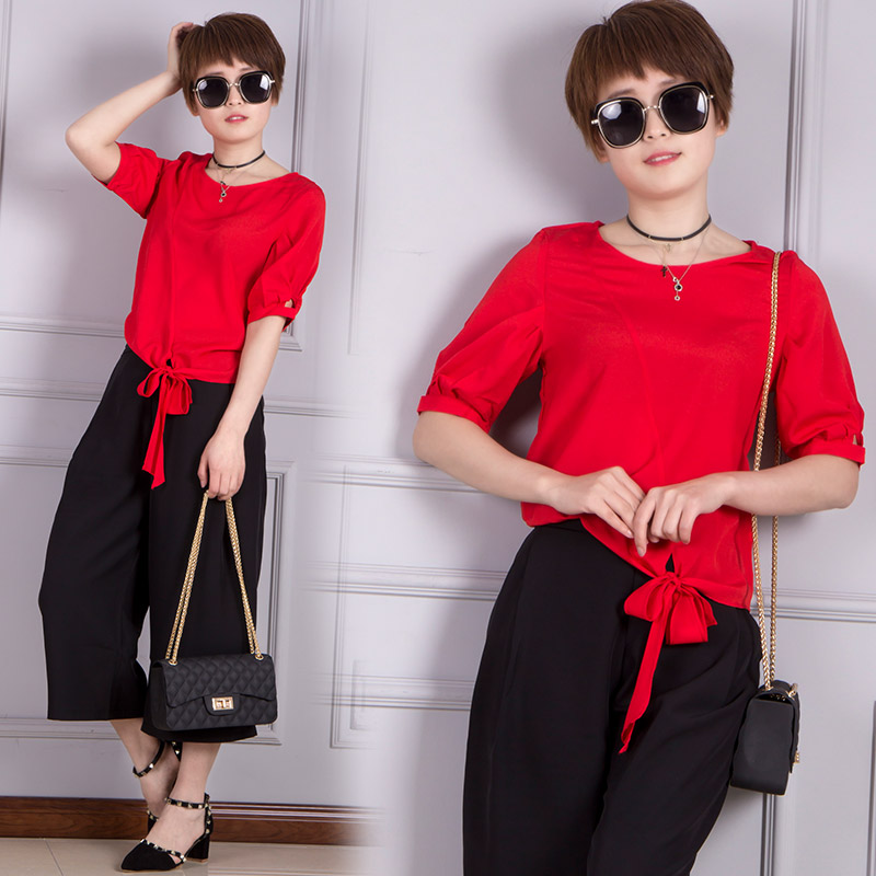 Look tail 23 new Fashion Set Female collar half - sleeve eight - minded pants thin loose Korean casual tops