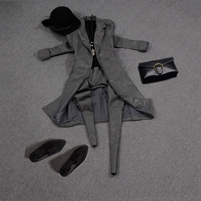 European station 2023 autumn and winter new pu - leather pants in long - coated coat plus cotton - plus two - piece suit women