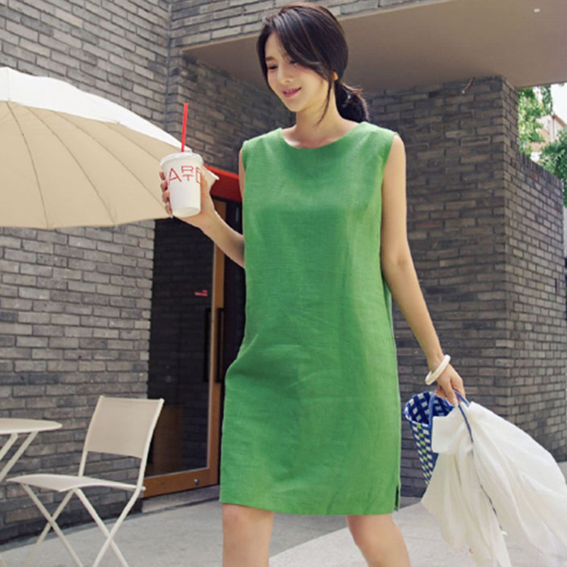 2025 Summer New Korean Style Loose Round Neck Petite Linen Dress with Slit Sleeveless Straight Cotton Linen Dress Plus Size 2025 Summer New Korean Style Loose Round Neck Petite Linen Dress with Slit Sleeveless Straight Cotton Linen Dress Plus Size
