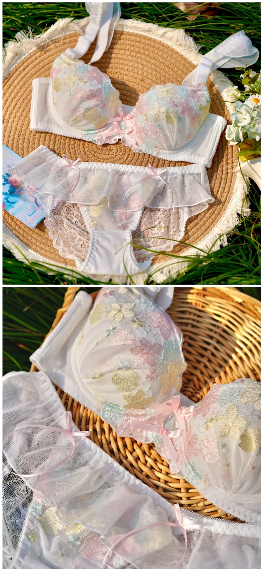 Thin cup floral embroidery large bra underwear women push up lingerie large breasts gathered large size bra set