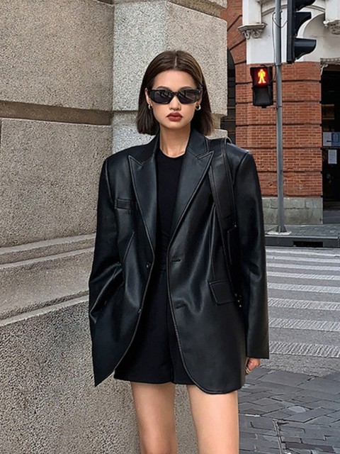 Black pu suit leather jacket for women spring and autumn new style straight casual loose high-end sense