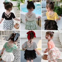 2021 female childrens clothing summer new backless modal modal Korean childrens T-shirt female baby Summer foreign atmosphere base shirt