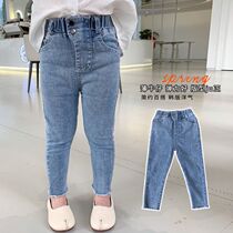 2022 female childrens clothing New 2 buckles Korean version of childrens jeans baby Foreign style childrens pants spring and autumn