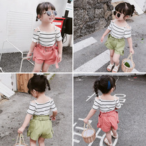 2021 female childrens clothing summer new strapless T-shirt plus high waist pants Korean childrens suit female baby clothes