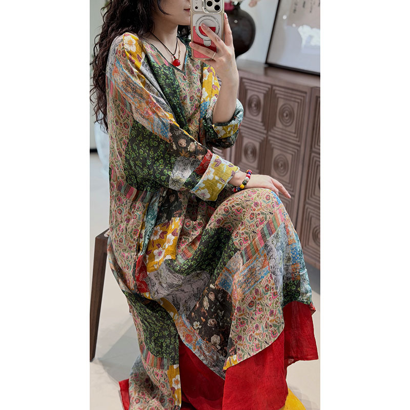 Yimian Patchwork Floral Ramie Unique Design Niche Artistic Loose Dress 22016 Yimian Patchwork Floral Ramie Unique Design Niche Artistic Loose Dress 22016