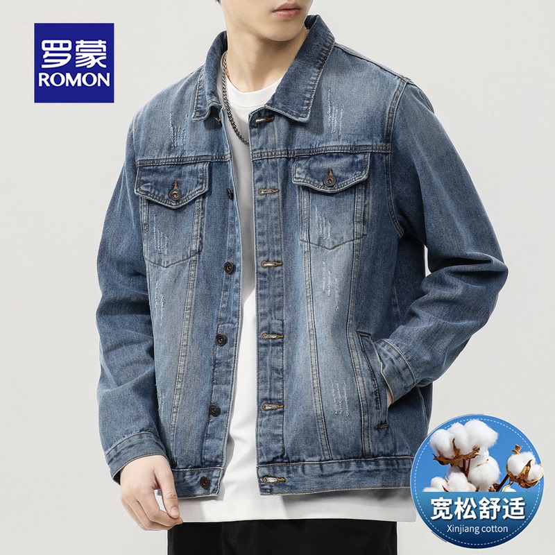 Romon Retro Blue Denim Jacket for Men 2026 Spring and Autumn New Workwear Casual Washed Outerwear Denim Jacket for Men