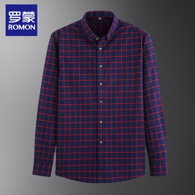 Romon spring free ironing professional tooling purple middle-aged and elderly shirt men's long-sleeved inch shirt casual plaid shirt
