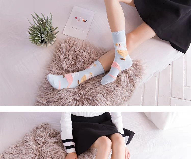 Mùa thu và mùa đông mới vớ nữ Phim hoạt hình dễ thương bộ sưu tập động vật gà con mèo lông sợi phụ nữ mềm mại thoải mái vớ tất cổ cao hàn quốc