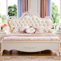 European style bed solid wood Princess leather French queen bed double bed master bedroom modern minimalist storage bed carved White
