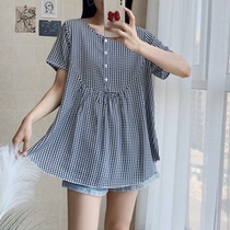 Korean version of cotton silk shirt coat women Summer foreign atmosphere loose a thin size fat mm artificial cotton short sleeve floral T-shirt