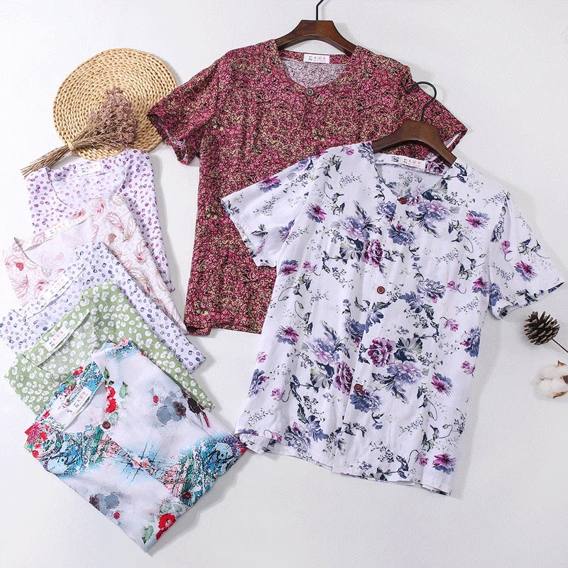 Middle aged cotton silk blouses woman loose and thin old lady cotton silk short sleeve open flap jacket summer large size artificial cotton women's clothing