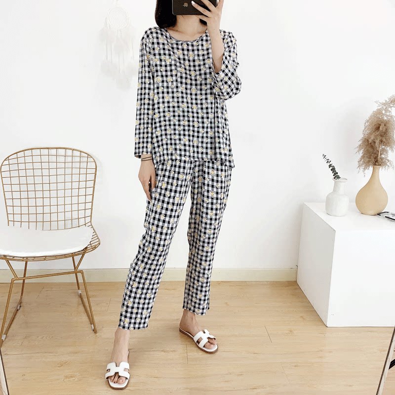 Summer cotton silk pyjamas woman long sleeve long pants thin section pure cotton Home Two-style suit Large size manmade cotton lunar subsuit
