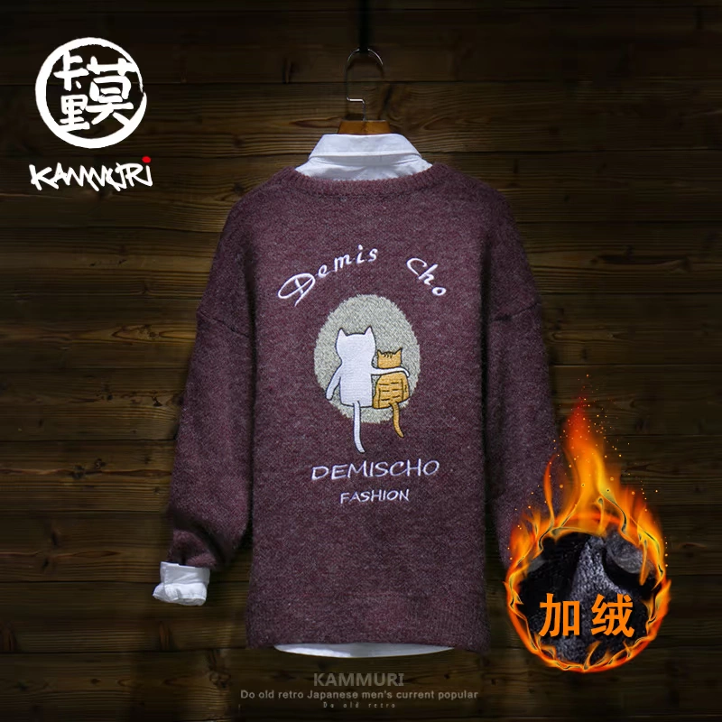 Nhật Bản retro nhỏ phim hoạt hình mèo nhỏ áo len nam Harajuku áo gió quốc gia thêu áo len đôi thanh niên áo len