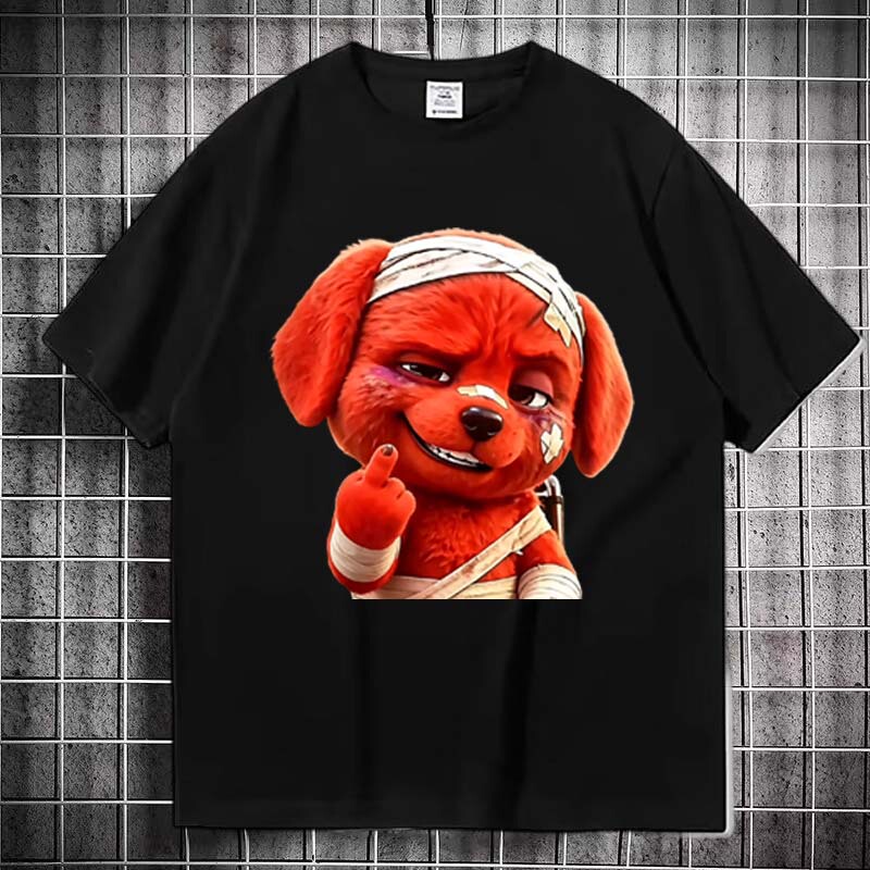 Authoritative Red Dog Flipping the Middle Finger Pure Cotton Short-Sleeve T-Shirt for Older Boys, Funny Red Puppy Student Party Top