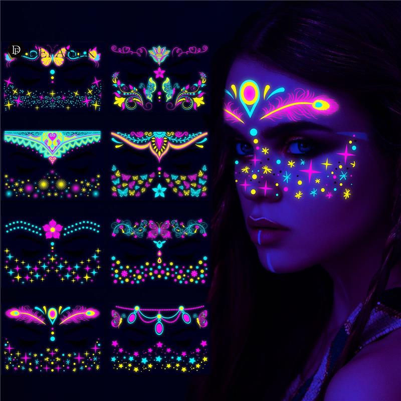 Music festival fluorescent luminous butterfly waterproof face with makeup ball with neon tattoo sticker 2023 new face sticker-Taobao