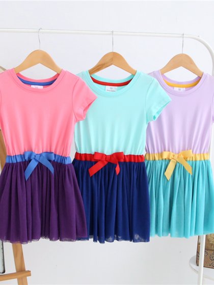 美国原单女童全棉短袖蝴蝶结甜美双层纱裙连衣裙亲子装90-160