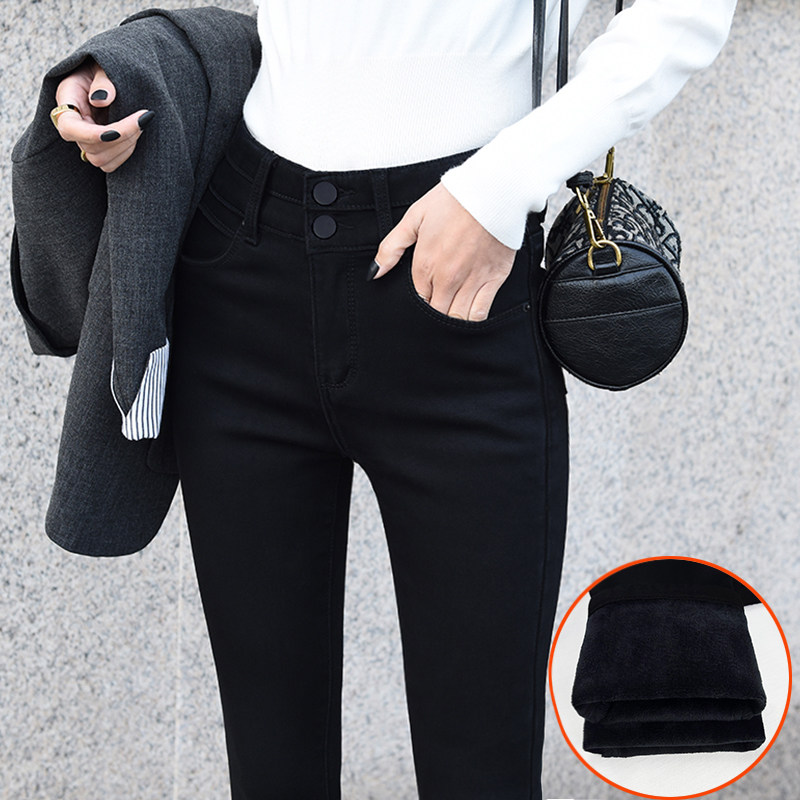Black fleece jeans women's high waist winter college style thickened outer wear large size elastic skinny trousers