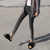 Nine points smoke gray jeans women 2019 spring dress high waist Net red ocean air gray thin tight eight small feet pants women