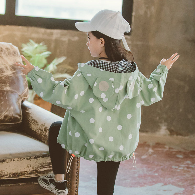 Girls' jacket 2022 new spring and autumn foreign style girl princess net red Korean version trendy polka dot double-sided wearing hooded jacket