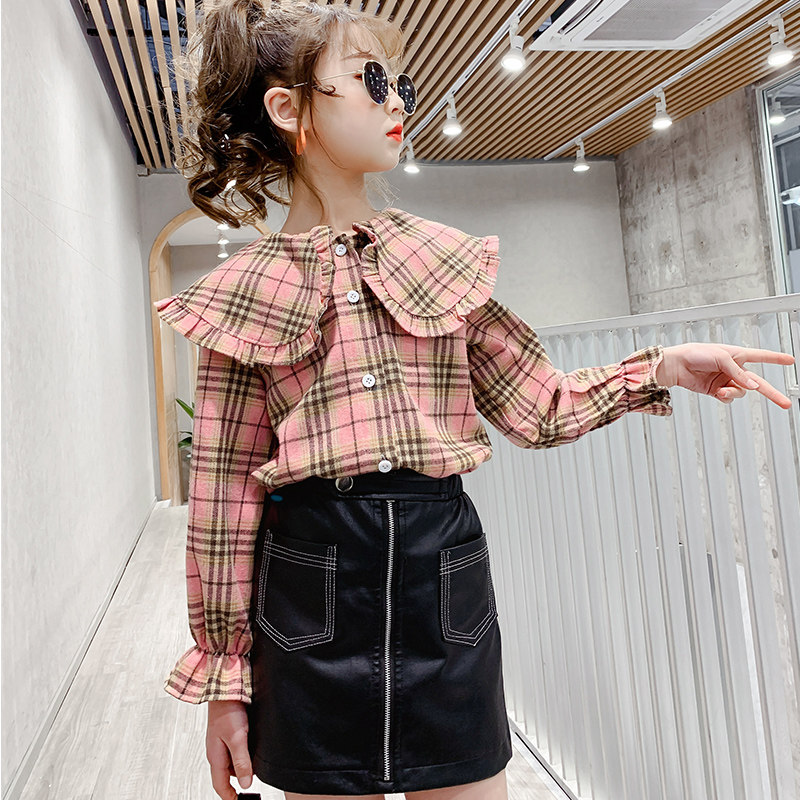 Girl Plaid Shirt 2022 Spring New Foreign Pie Girl CUHK Girl Net Red Korean Version Trendy Doll Collar Shirt
