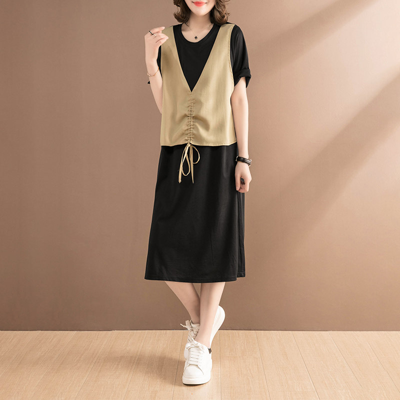 Clear cabin special for women in the middle and long version of summer loose rope fake two short sleeve skirts child tide